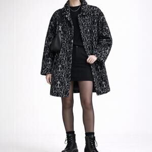 Gerard Darel Wool Alpaca Blend Textured Coat Black Animal Print Button Front 40